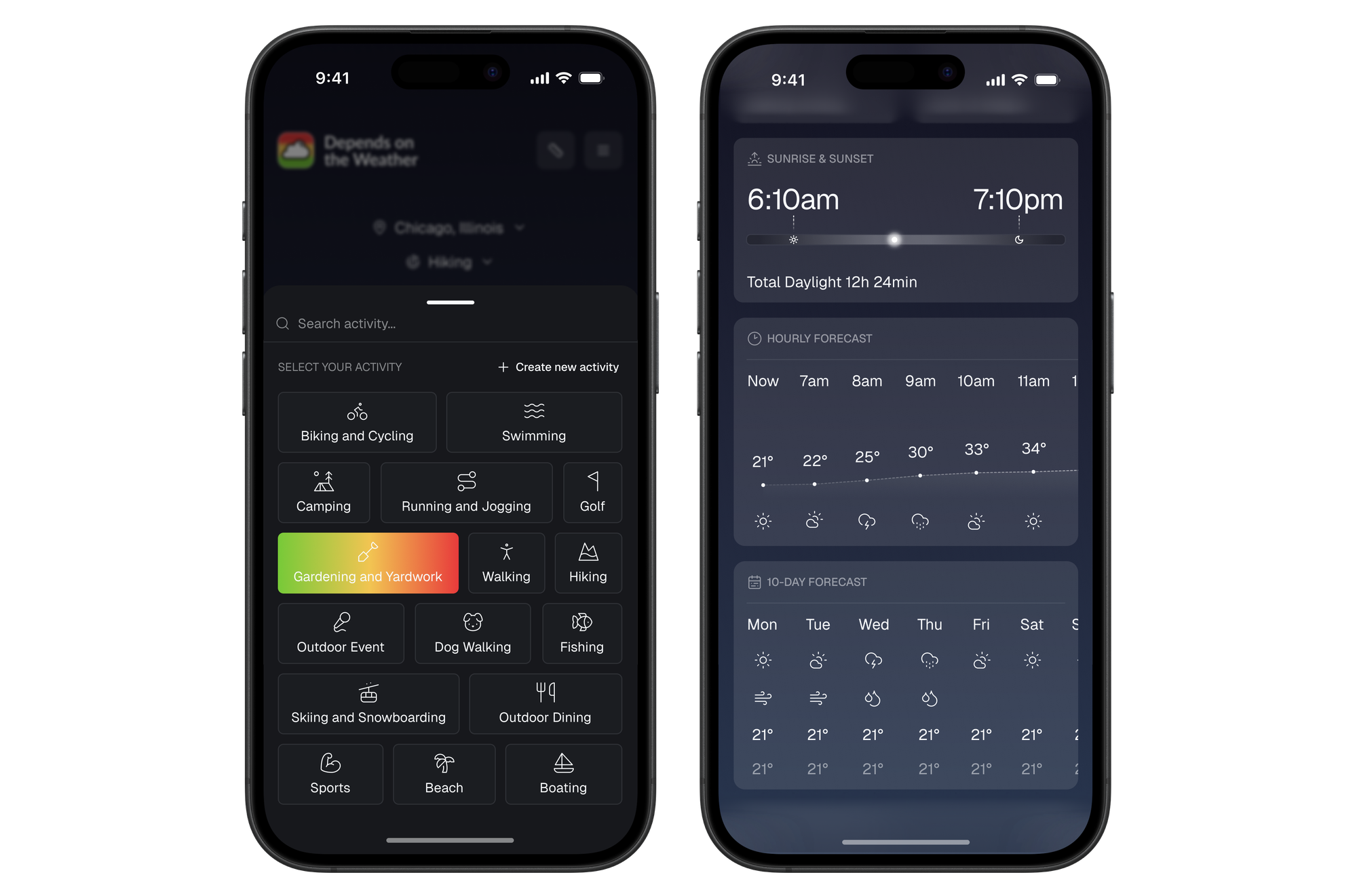 Depends on the Weather app activity picker and hourly and 10-day forecast screens