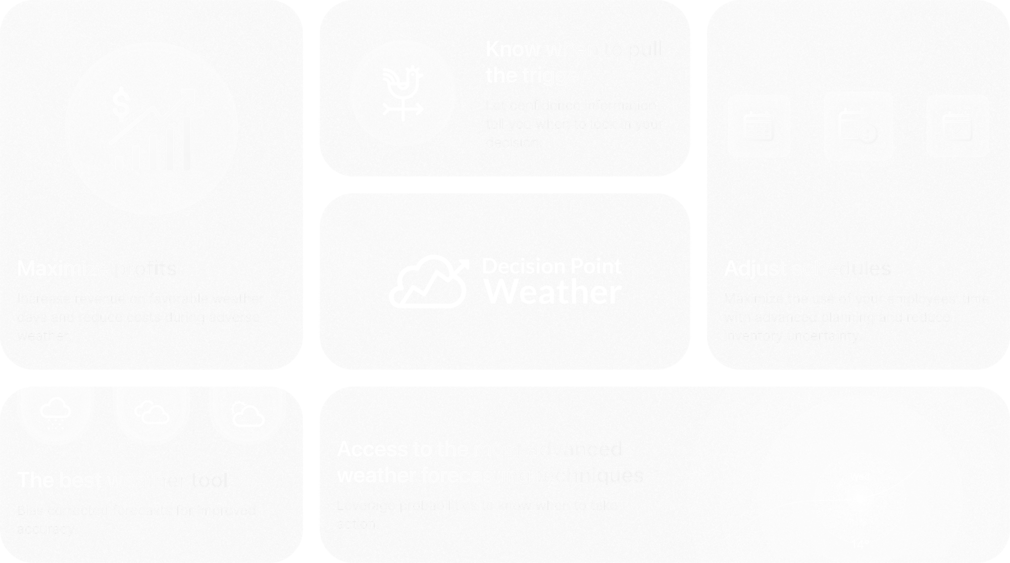 Decision Point Weather feature cards in a frosted glass layout