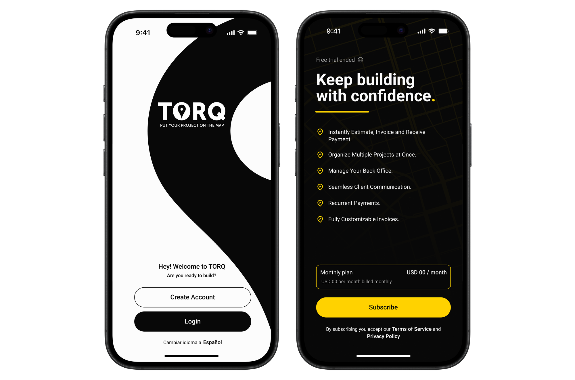 Torq app welcome screen and contractor subscription screen