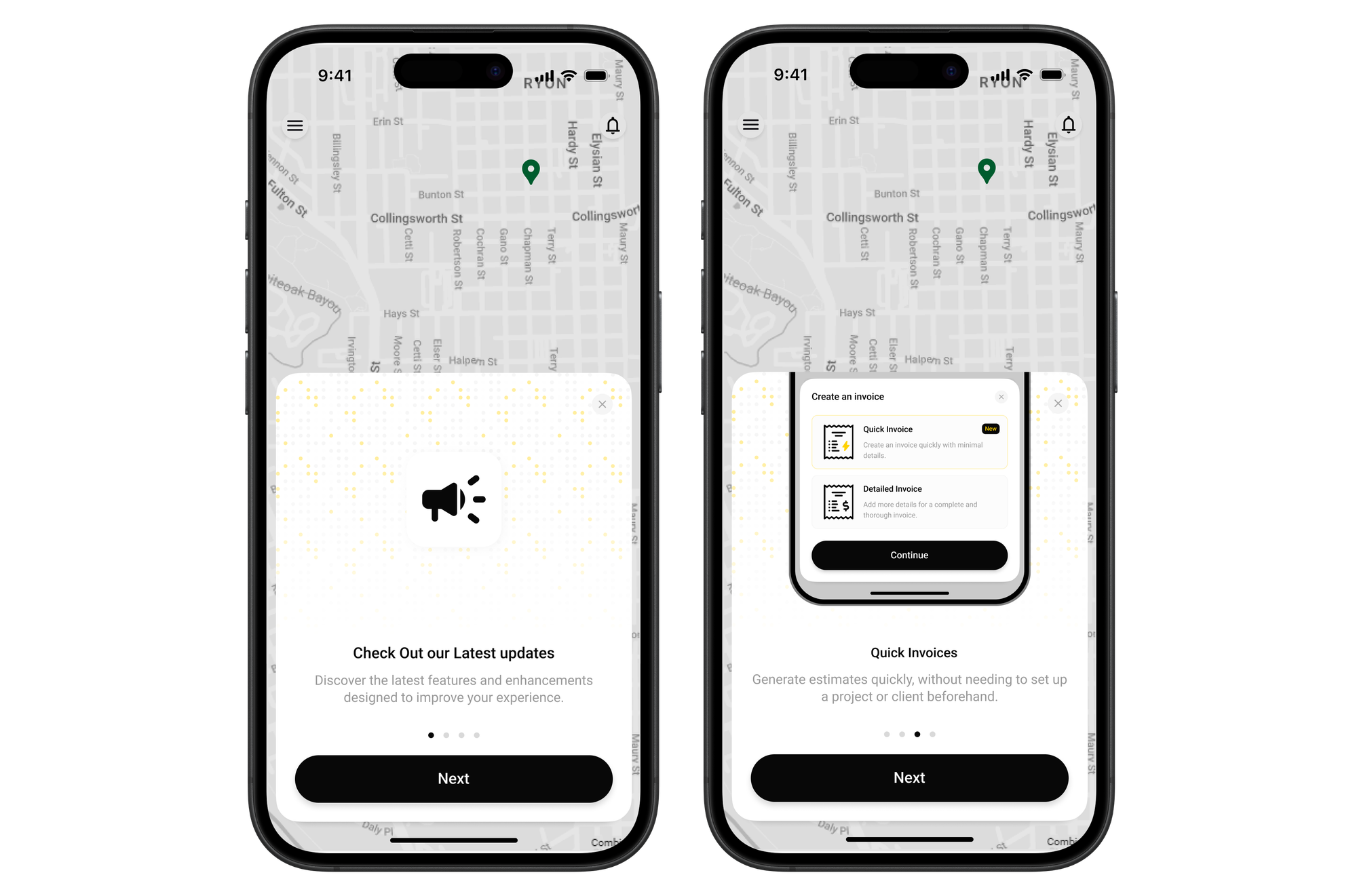 Torq app onboarding screens for product updates and quick invoices