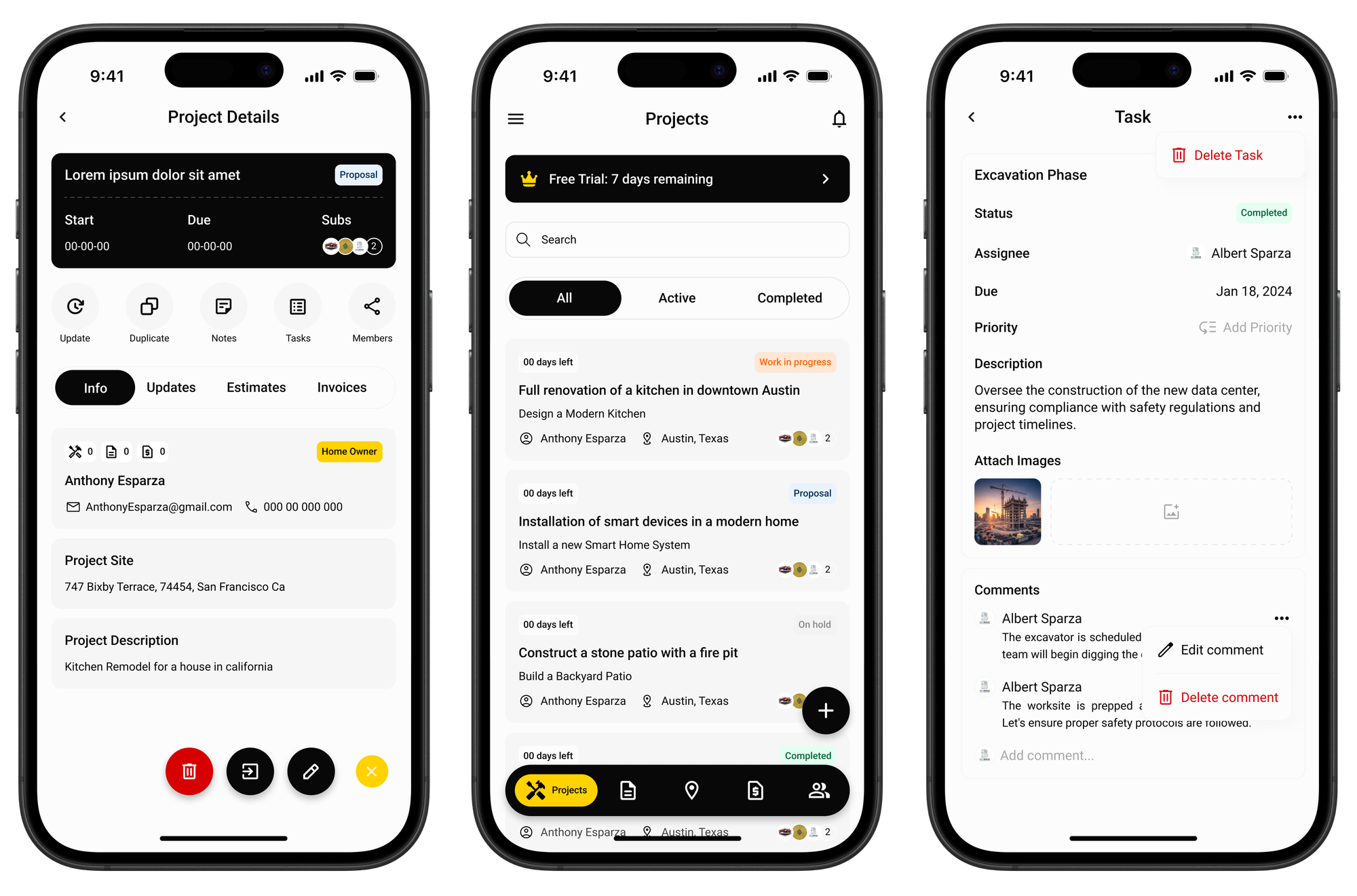 Torq app project details, projects list and task screens